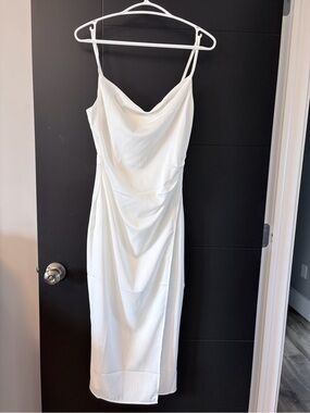 Minimalist White Cowl Slip Dress with Draped Waist
